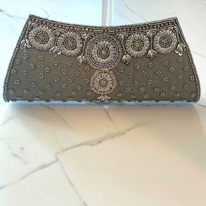 Silver/gray ethnic party bag with silver handwork.  Shoulder bag or clutch.